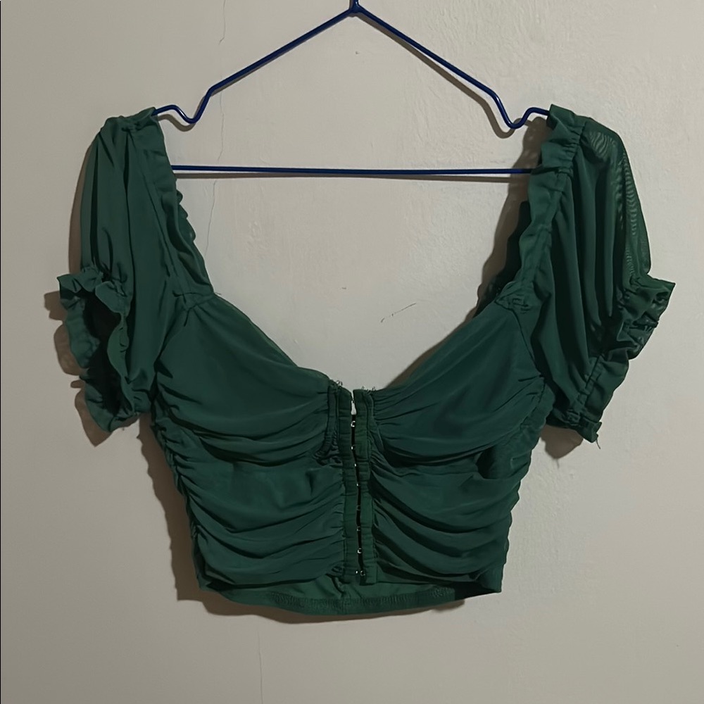Forever 21 Green Ruched Puff Sleeve Crop Blouse